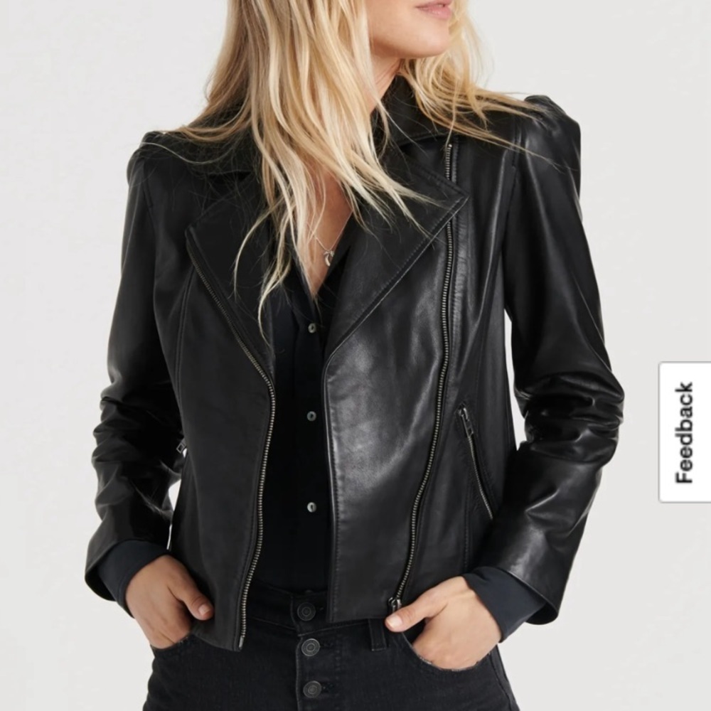 Lucky Brand Black Lamb Leather Puff-Sleeve Moto Jacket, Women’s S